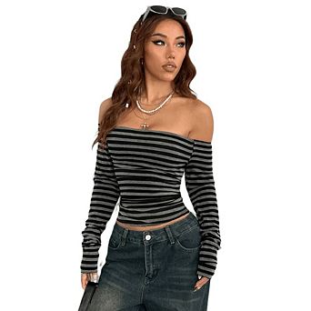 Women's Off Shoulder Long Sleeve Top Y2K Striped Party Blouse