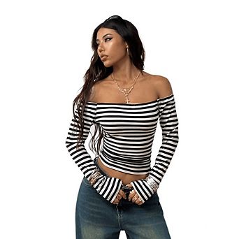 Women's Off Shoulder Long Sleeve Top Y2K Striped Party Blouse