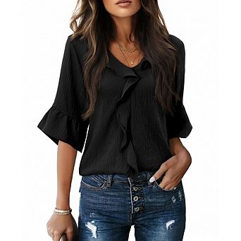 Womens Business Formal Work Shirt Dressy Casual 3/4 Sleeve Ruffle Bell Top Blouses
