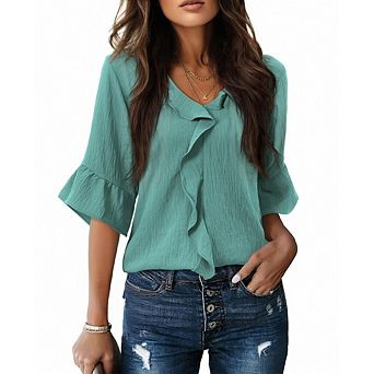 Womens Business Formal Work Shirt Dressy Casual 3/4 Sleeve Ruffle Bell Top Blouses