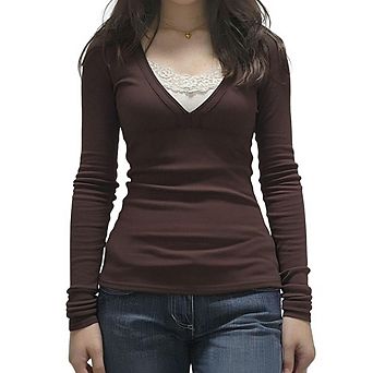 Women's Long Sleeve V Neck Fitted Blouse Lace Patch T Shirts Color Block Basic Tops