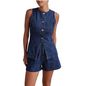 Women's Crew Neck Button Down Denim Vest Sleeveless Jean Jacket Waistcoat with Pockets