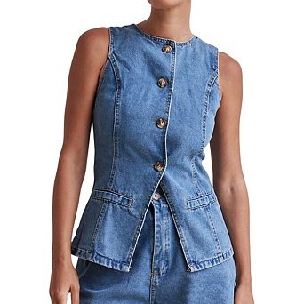 Women's Crew Neck Button Down Denim Vest Sleeveless Jean Jacket Waistcoat with Pockets