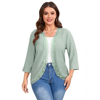 Women’s Plus Size Lace Patchwork 3/4 Sleeve Cardigan Casual Open Front Jacket
