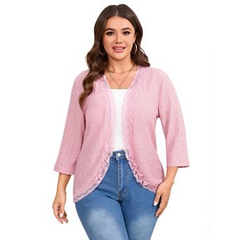 Women’s Plus Size Lace Patchwork 3/4 Sleeve Cardigan Casual Open Front Jacket