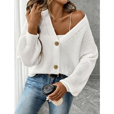 Women's Puff Long Sleeve Button-Down Cardigan Casual Dressy Sweater