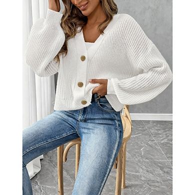 Women's Puff Long Sleeve Button-Down Cardigan Casual Dressy Sweater