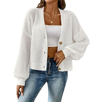 Women's Puff Long Sleeve Button-Down Cardigan Casual Dressy Sweater