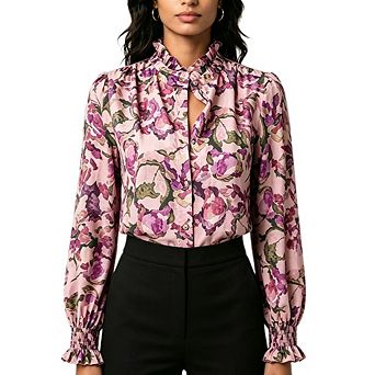 Women's Boho Floral Print Blouse Long Sleeve Button Down Smocked Cuff Ruffle Collar Shirt