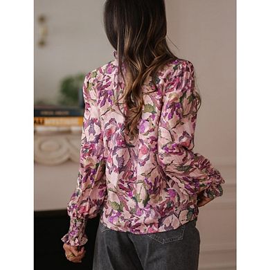 Women's Boho Floral Print Blouse Long Sleeve Button Down Smocked Cuff Ruffle Collar Shirt