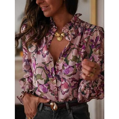 Women's Boho Floral Print Blouse Long Sleeve Button Down Smocked Cuff Ruffle Collar Shirt