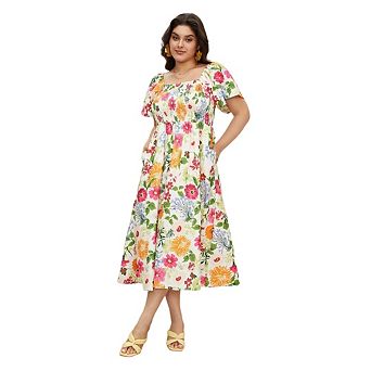 Women's Plus Size Floral Dress Casual Short Sleeve Sundress Swing A Line with Pockets