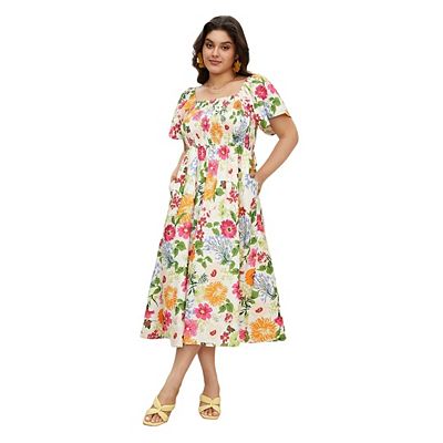 Women's Plus Size Floral Dress Casual Short Sleeve Sundress Swing A Line  with Pockets