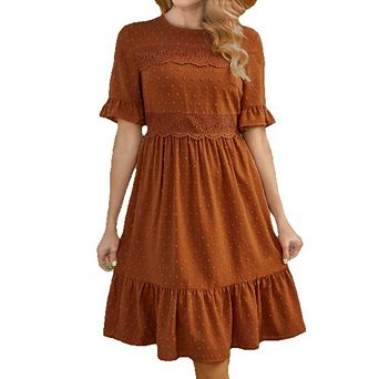 Women Summer Flowy Dresses Crew Neck Short Sleeve Casual Ruffle Midi Dress