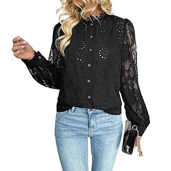 Women's Dressy Casual Lace Patch Blouse Long Sleeve Button Up Shirts Tops Fashion Clothes