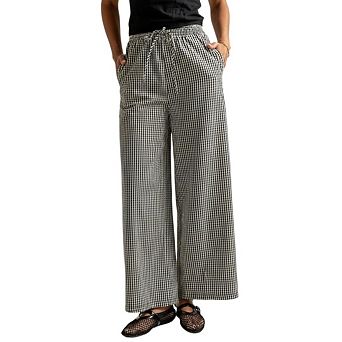 Women High Waist Checkered Business Casual Plaid Wide Leg Pants with Pockets