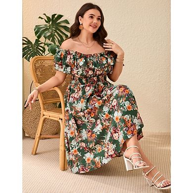 Women's Plus Size Off The Shoulde Puff Sleeves Ruffle Floral Cocktail Party Sundress