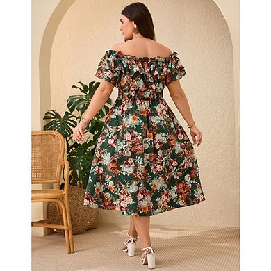 Women's Plus Size Off The Shoulde Puff Sleeves Ruffle Floral Cocktail Party Sundress