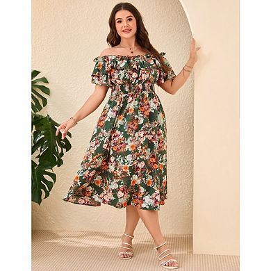 Women's Plus Size Off The Shoulde Puff Sleeves Ruffle Floral Cocktail Party Sundress
