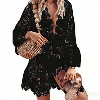 Women's Lace Beach Dress - V-Neck Hollow Crochet Sarong Bikini Cover Up