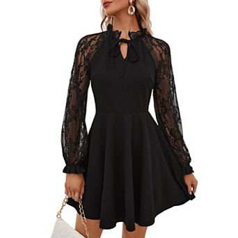 Women's Lace Long Sleeve Mini Dress, High Waist A-Line Skater Little Black Dress with Tie Neck