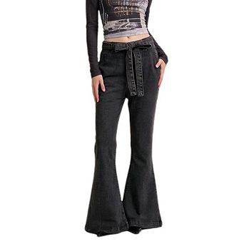 Women's High Waisted Flare Jeans Bow Tie Belt Casual Denim Bell Bottom Pants