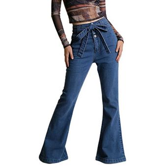 Women's High Waisted Flare Jeans Bow Tie Belt Casual Denim Bell Bottom Pants