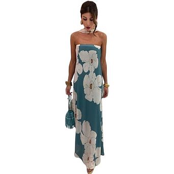 Women Strapless Floral Long Tube Dress Off Shoulder Maxi Party Dress