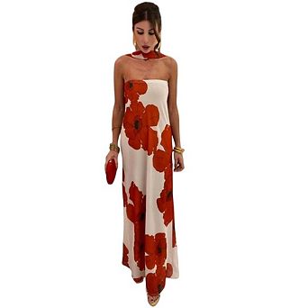 Women Strapless Floral Long Tube Dress Off Shoulder Maxi Party Dress
