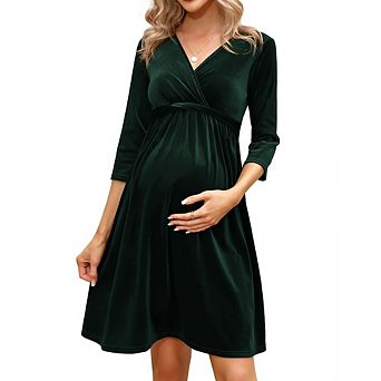Women's Maternity Velvet Dress V Neck 3/4 Sleeve Wrap Front Flowy Pregnancy Dress