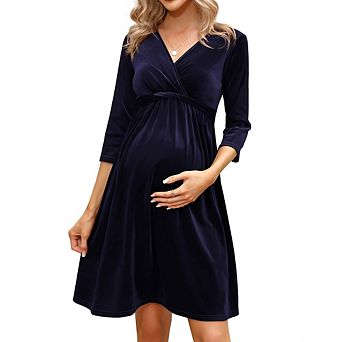 Women's Maternity Velvet Dress V Neck 3/4 Sleeve Wrap Front Flowy Pregnancy Dress