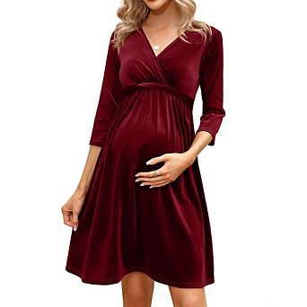Women's Maternity Velvet Dress V Neck 3/4 Sleeve Wrap Front Flowy Pregnancy Dress