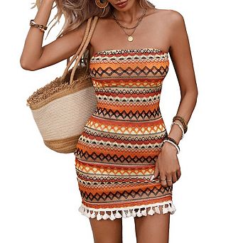 Women's Boho Striped Mini Tube Knit Dress Strapless Tassel Hem Bodycon Vacation Bandeau Dresses