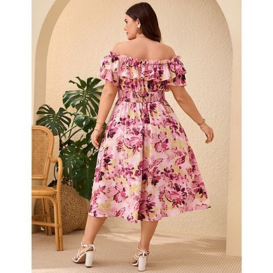 Women's Plus Size Off The Shoulde Puff Sleeves Ruffle Floral Cocktail Party Sundress