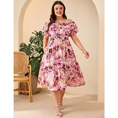 Women's Plus Size Off The Shoulde Puff Sleeves Ruffle Floral Cocktail Party Sundress