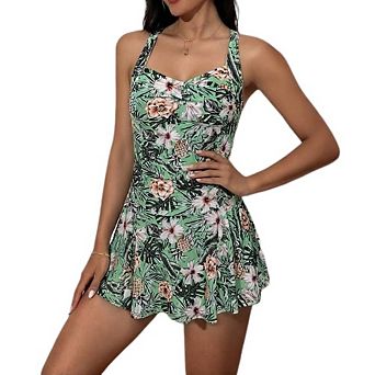 Women's Flower Swim Dress One Piece Swimsuit Crisscross Back Flared Hem Bathing Suit