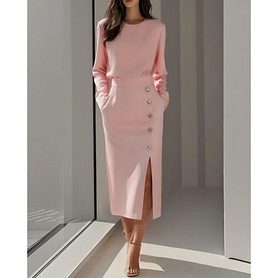 Womens Mock Neck Long Sleeve Knit Bodycon Midi Dress Side Slit Work Office Formal Sets