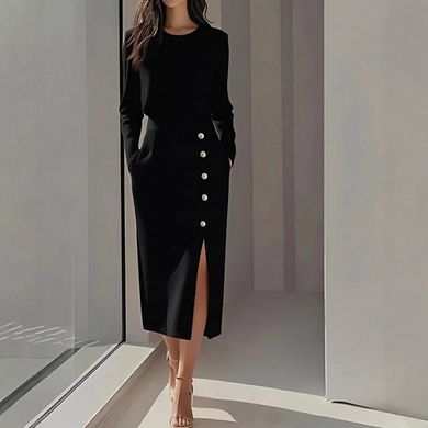 Womens Mock Neck Long Sleeve Knit Bodycon Midi Dress Side Slit Work Office Formal Sets
