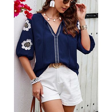 Women's Boho Embroidered Floral Top Elegant V-Neck Short Sleeve Blouse