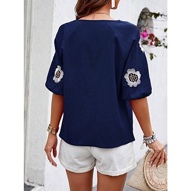 Women's Boho Embroidered Floral Top Elegant V-Neck Short Sleeve Blouse