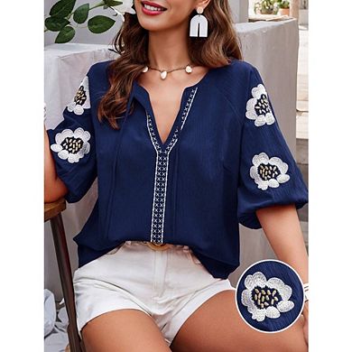 Women's Boho Embroidered Floral Top Elegant V-Neck Short Sleeve Blouse