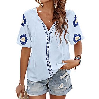 Women's Boho Embroidered Floral Top Elegant V-Neck Short Sleeve Blouse