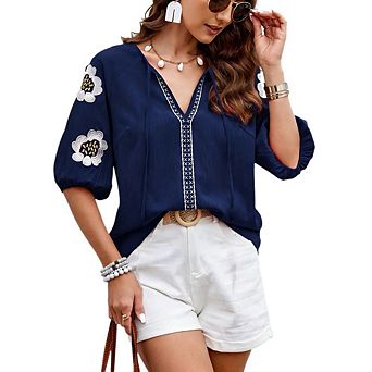 Women's Boho Embroidered Floral Top Elegant V-Neck Short Sleeve Blouse