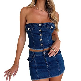 Women's Denim Strapless Tube Top and Mini Skirt Set