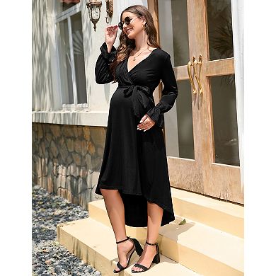 Women's Maternity Long Sleeve V-Neck Midi Dress