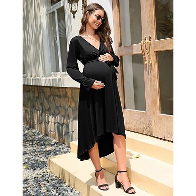 Women's Maternity Long Sleeve V-Neck Midi Dress