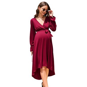 Women's Maternity Long Sleeve V-Neck Midi Dress