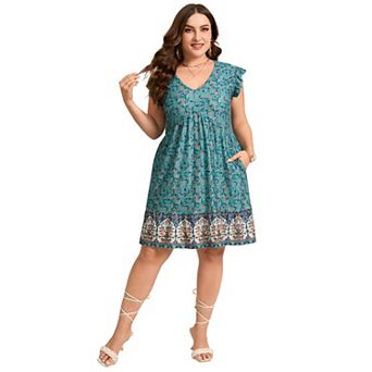 Women's Plus Size V Neck Ruffle Sleeve Floral Print Pocketed Casual Mini Dress