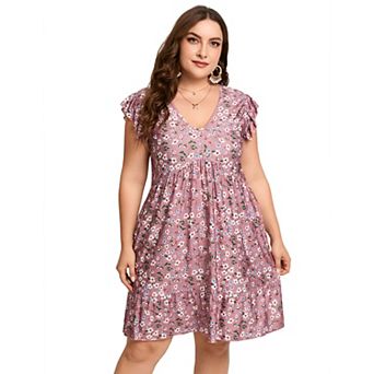 Women's Plus Size V Neck Ruffle Sleeve Floral Print Pocketed Casual Mini Dress
