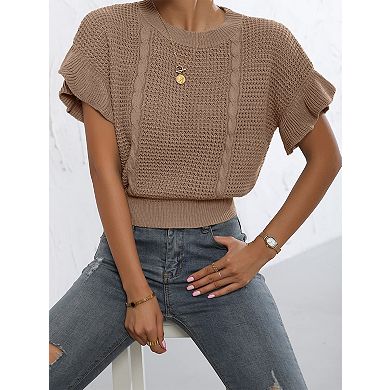 Women's Ruffled Short Sleeve Crewneck Knit Pullover Sweater Top Casual